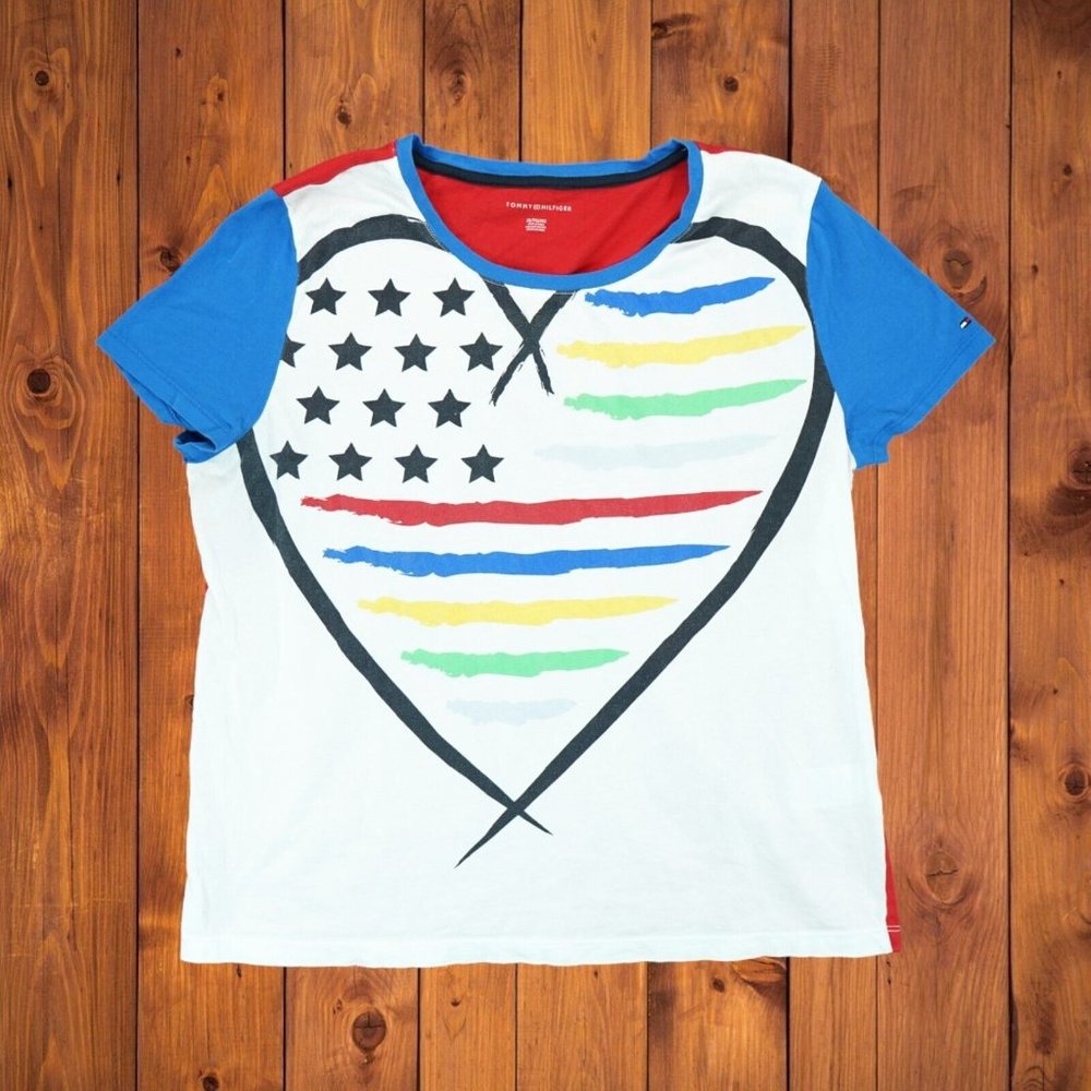 TOMMY HILFIGER Womens Graphic Tee HEART Stars Stripes Flag Print Tshirt XL